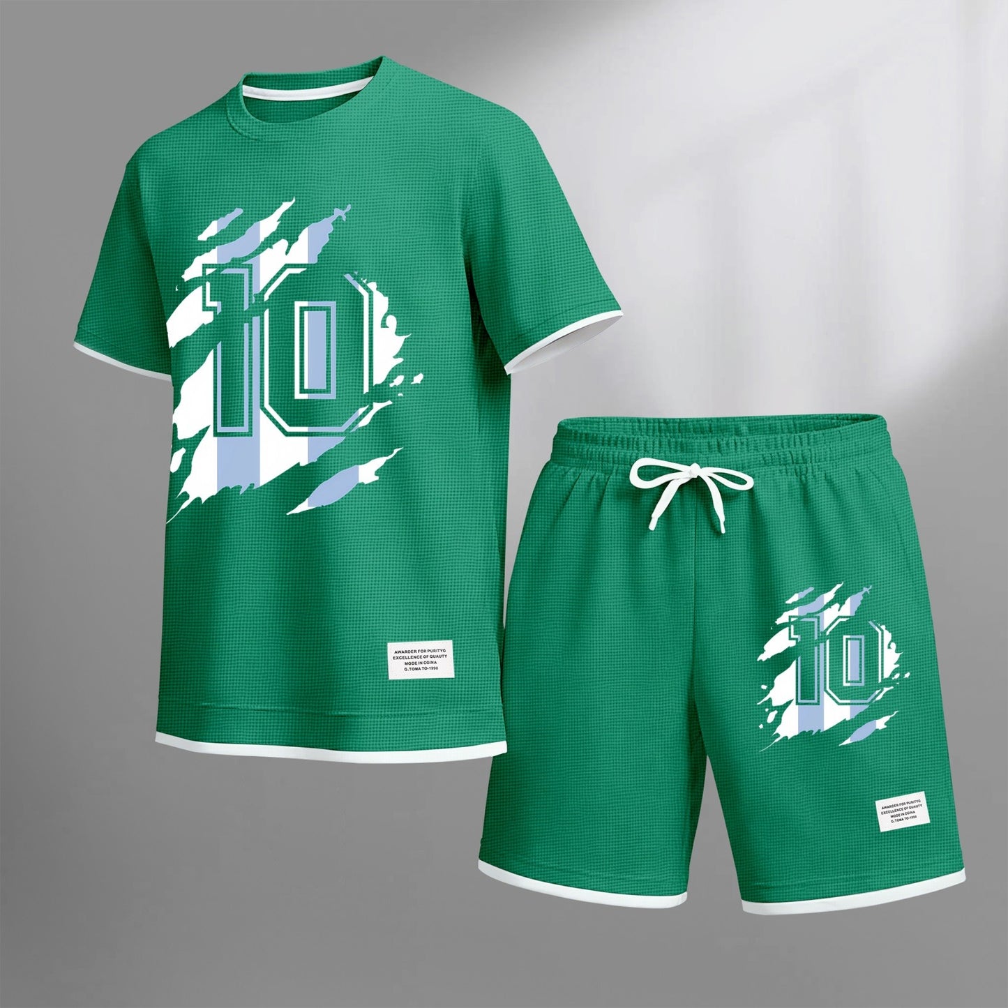 Men's classic number 10 printed drawstring shorts set, suitable for spring and summer wear. This casual summer set includes a short-sleeved shirt and shorts, perfect for everyday wear and sports.