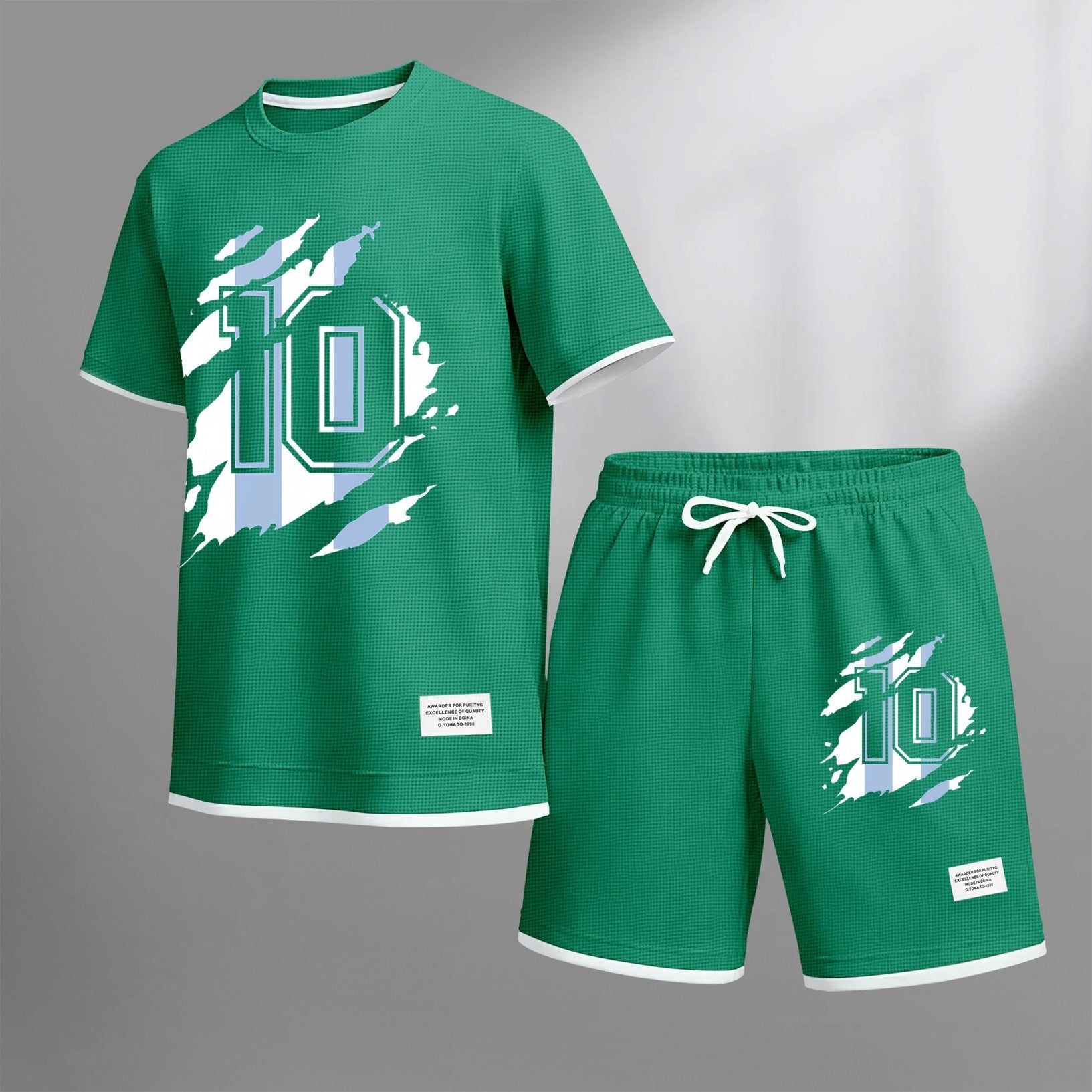 Men's classic number 10 printed drawstring shorts set, suitable for spring and summer wear. This casual summer set includes a short-sleeved shirt and shorts, perfect for everyday wear and sports.