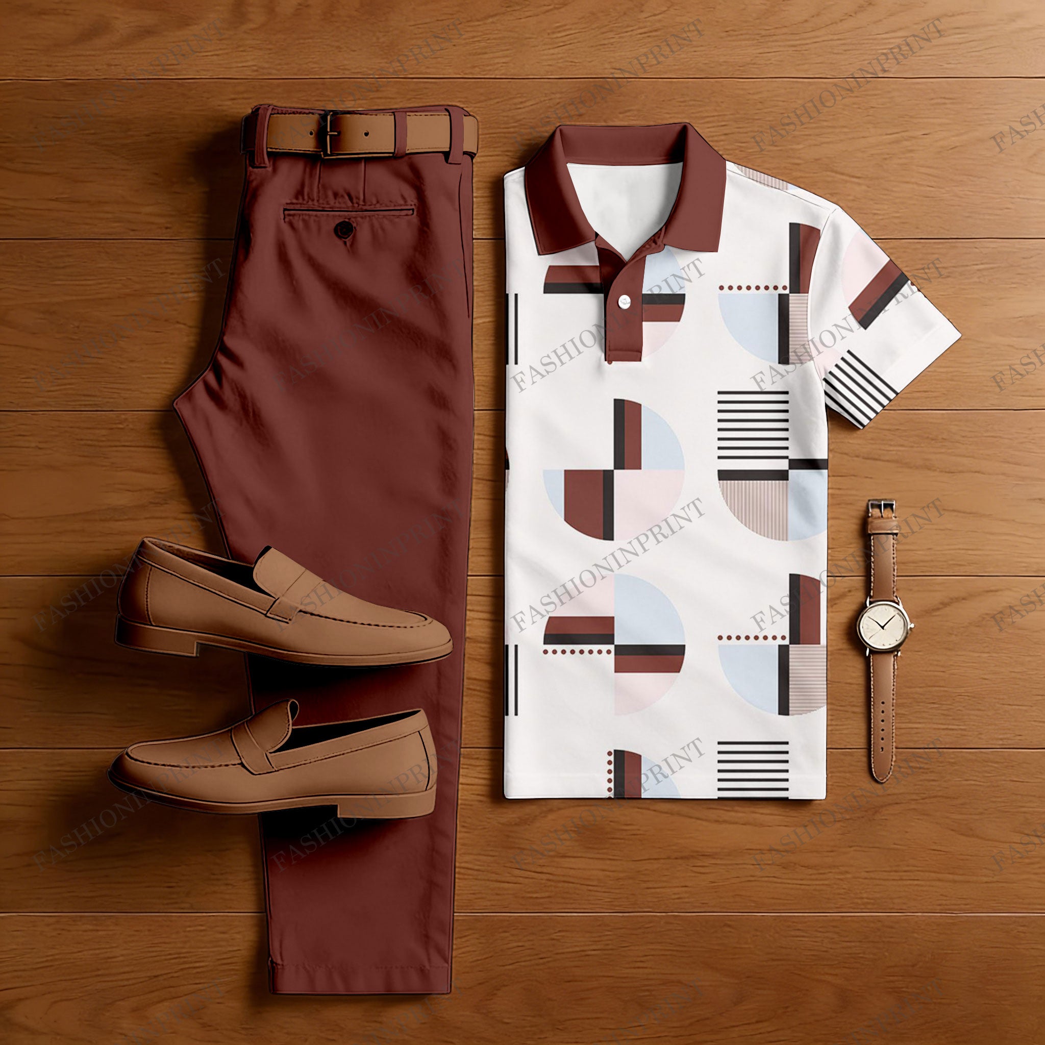 Men's Casual Red Brown & White Color Matching Geometric Printed Short Sleeved Polo Shirt & Trousers Two-Piece Set