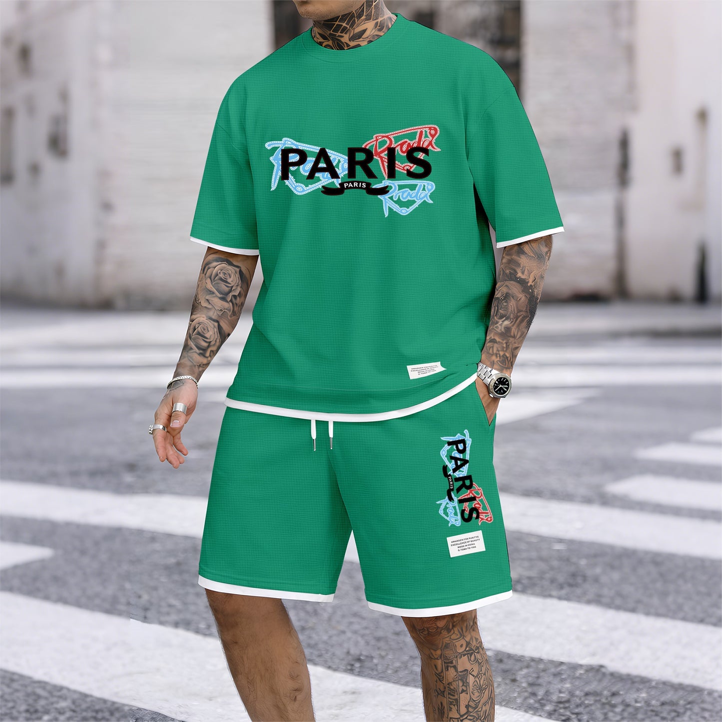 Men's PARIS Red & Blue Graffiti Letter Print Short Sleeve T-Shirt & Shorts Set, Summer Lightweight Waffle Sporty Casual Two-Piece Outfit, Streetwear for Gym & Daily Wear