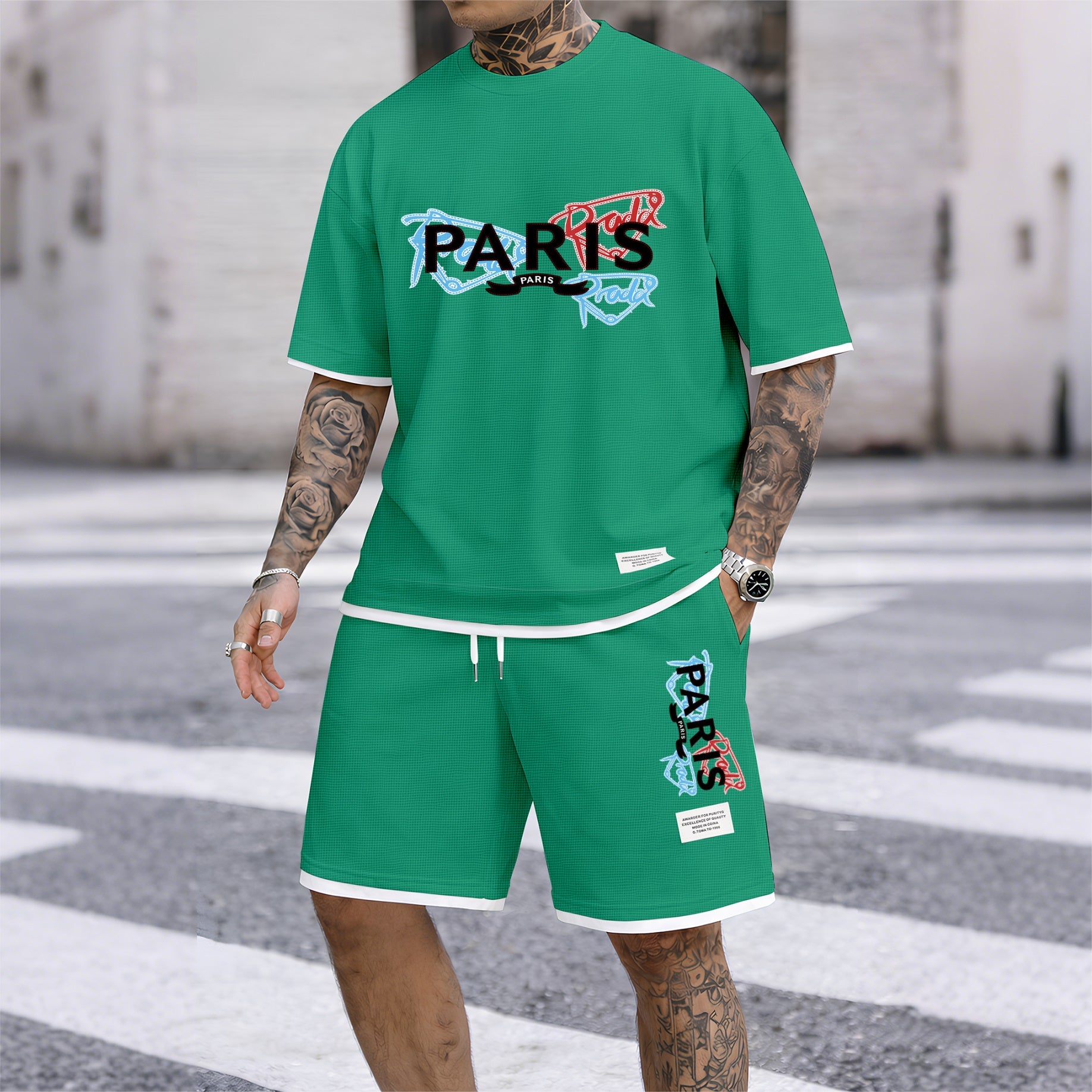 Men's PARIS Red & Blue Graffiti Letter Print Short Sleeve T-Shirt & Shorts Set, Summer Lightweight Waffle Sporty Casual Two-Piece Outfit, Streetwear for Gym & Daily Wear