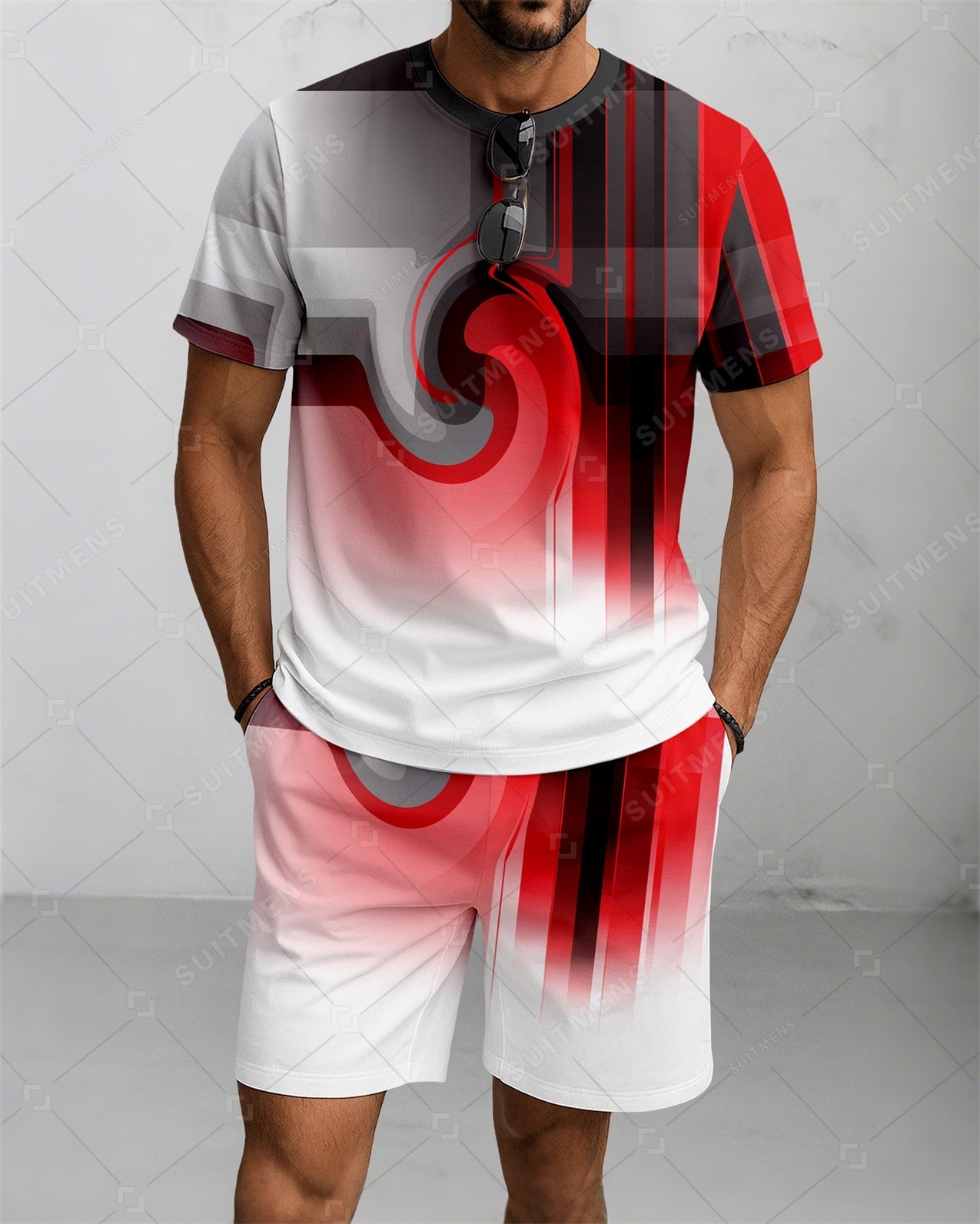Men's Summer Colorblock Printed Round Neck Suit 080