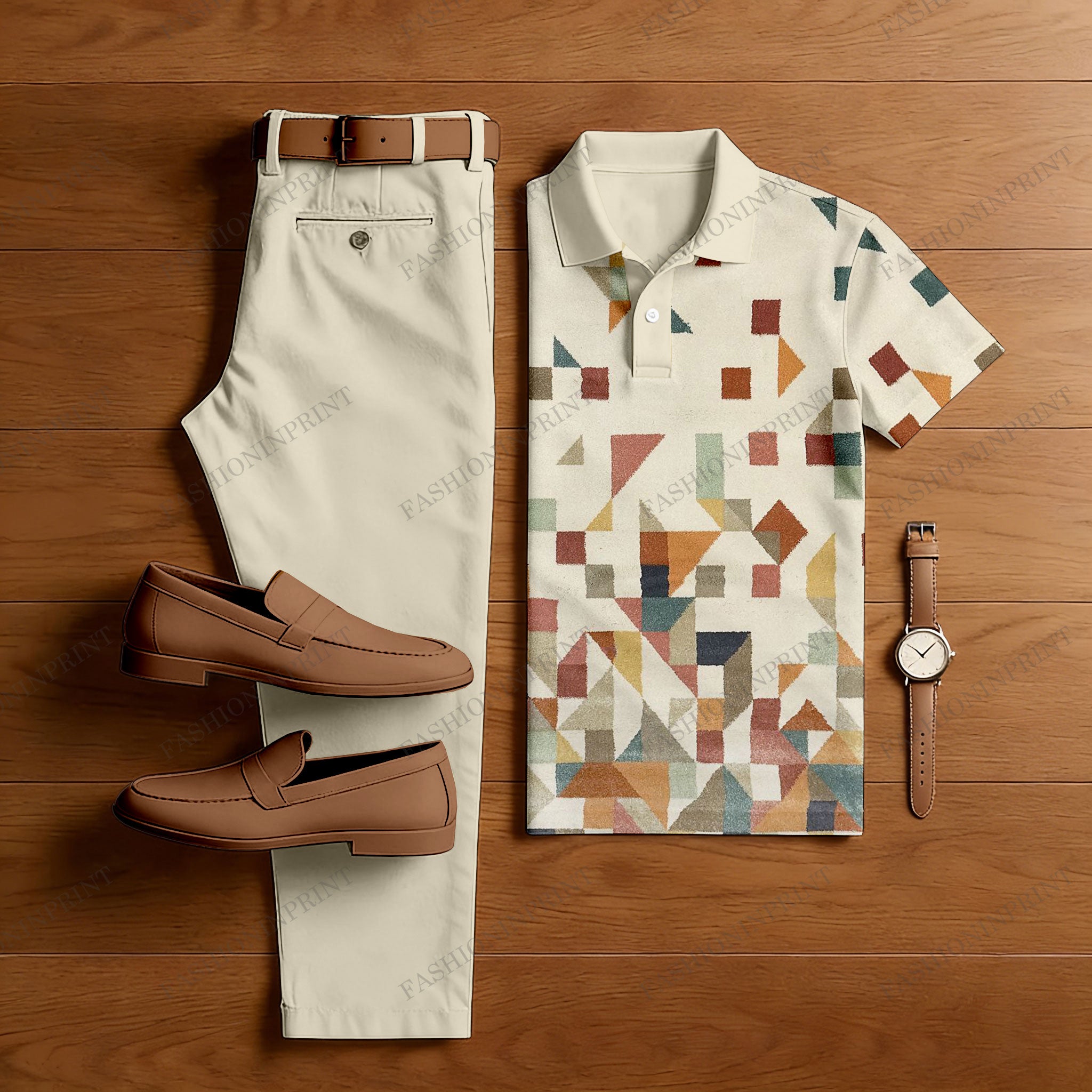 Men's Casual Apricot & Multi Color Matching Geometric Printed Short Sleeved Polo Shirt & Trousers Two-Piece Set