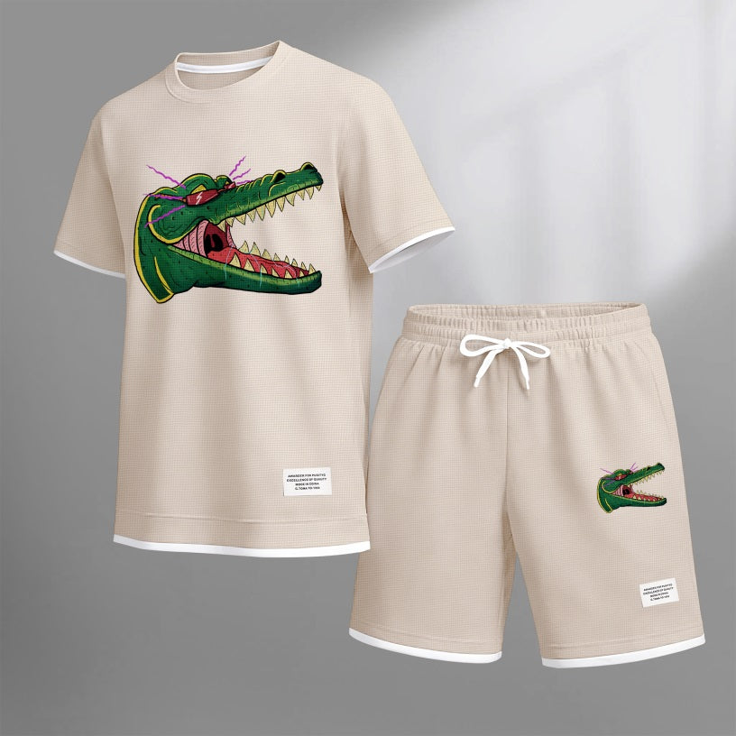Men's Cartoon Crocodile Head Print Waffle Fabric Short-Sleeved Shirt And Shorts Set