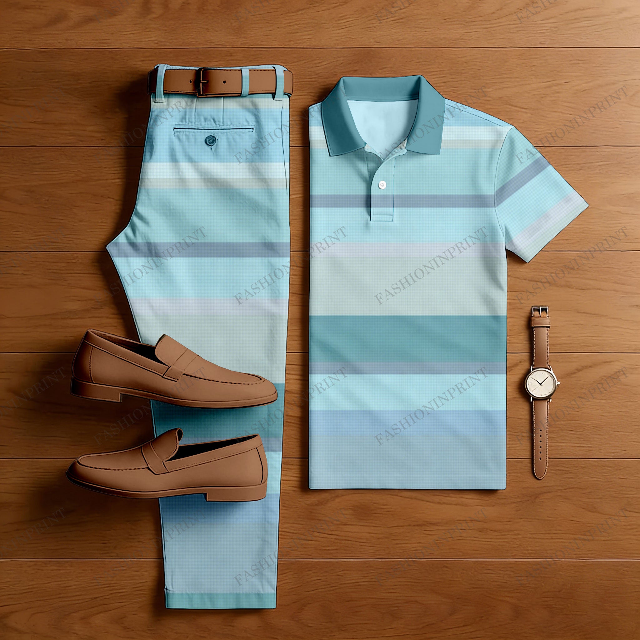 Men's Casual Blue Striped  Short Sleeved Polo Shirt & Trousers Two-Piece Set