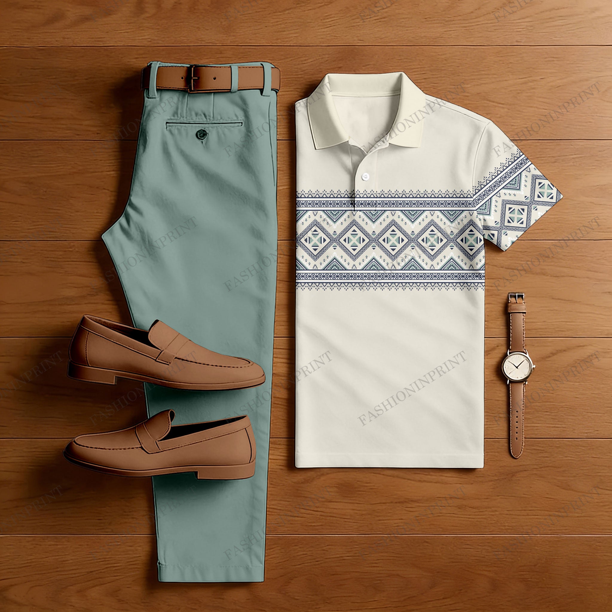Men's Casual Color Matching Wave Printed Short Sleeved Polo Shirt & Trousers Two-Piece Set