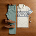 Men's Casual Color Matching Wave Printed Short Sleeved Polo Shirt & Trousers Two-Piece Set