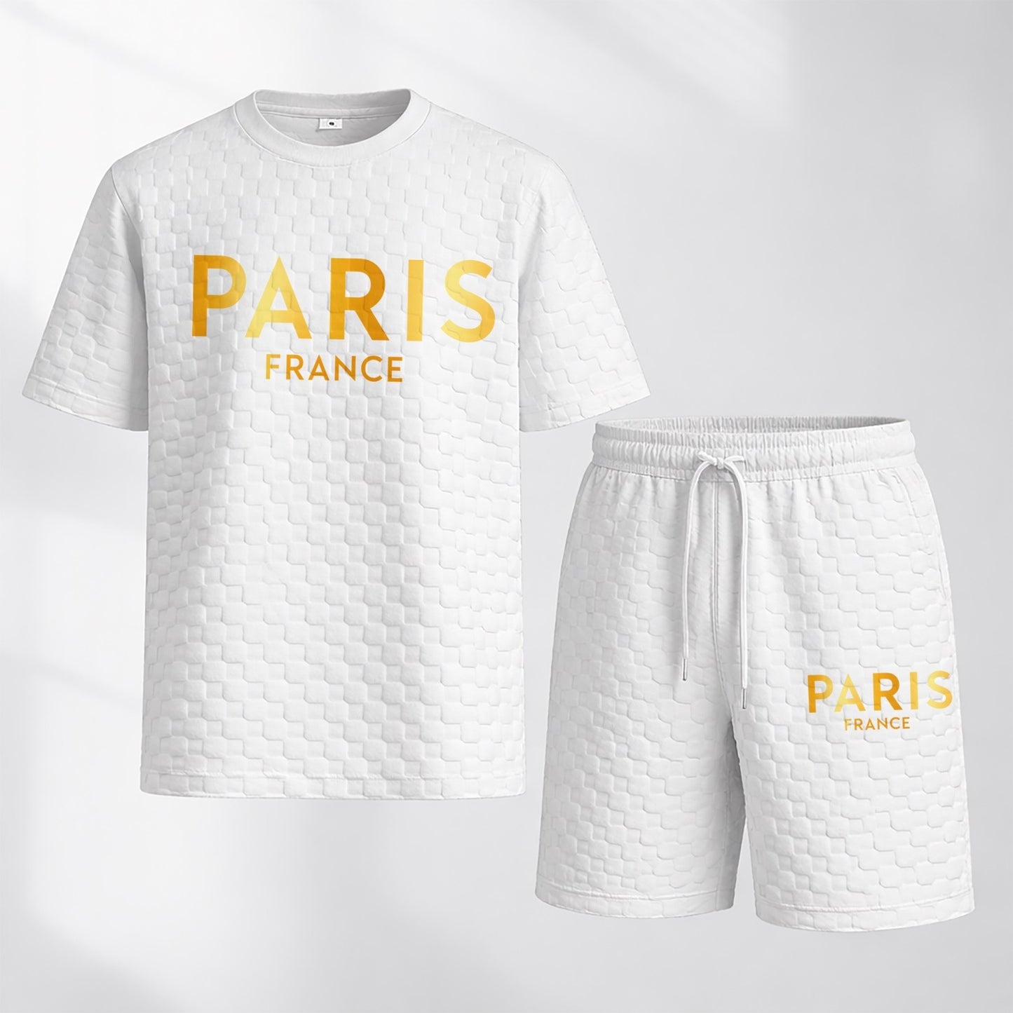 Men's Spring/Summer Drawstring Shorts Set featuring Paris Letter Print and Plaid Fabric—a casual summer ensemble comprising a short-sleeve shirt and shorts, ideal for both everyday wear and athletic activities.