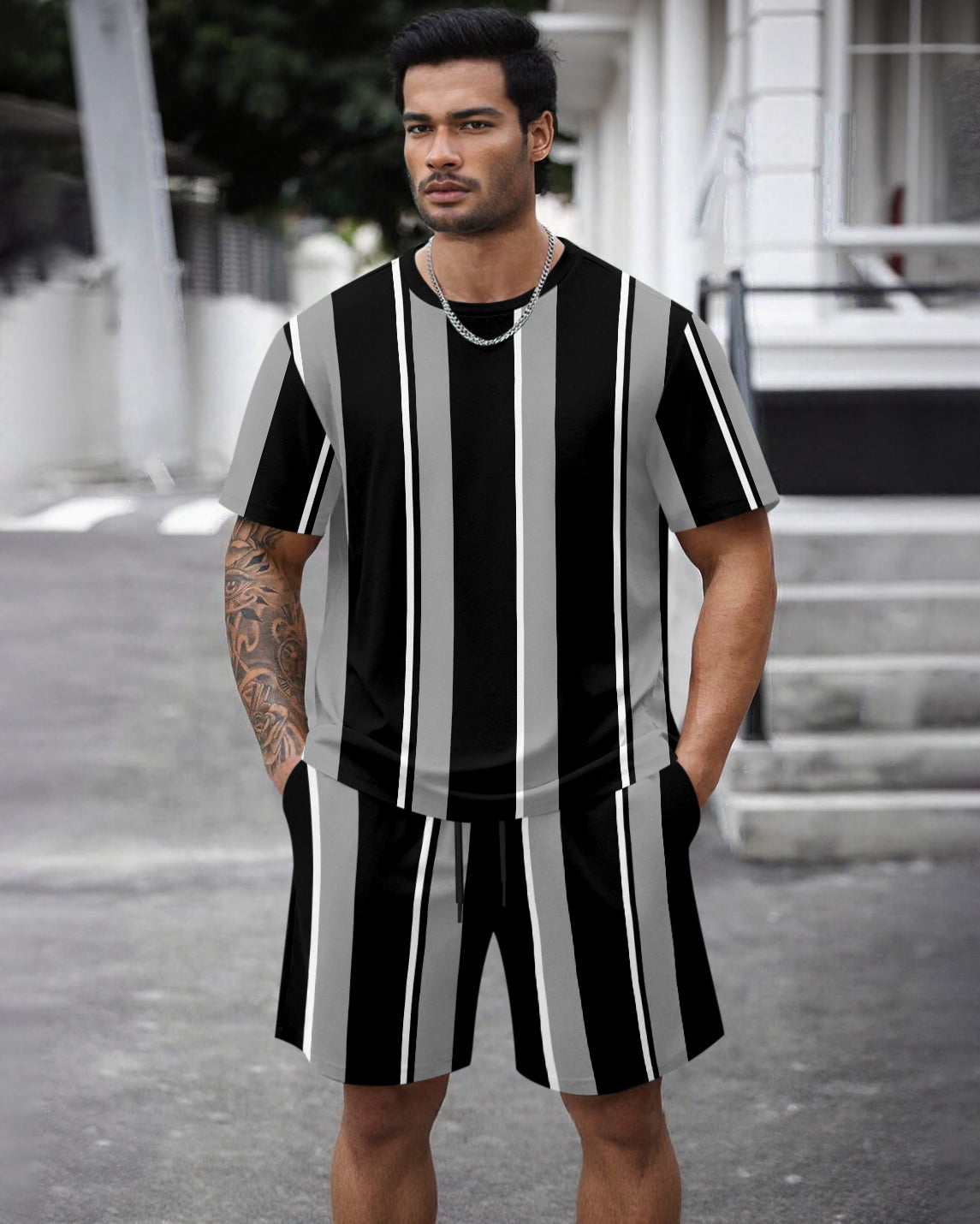 Men's Summer Colorblock Printed Round Neck Set 462