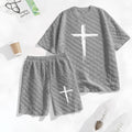Men's Spring and Summer Cross Print Checkered Fabric Drawstring Shorts Set, Casual Summer Outfit with Short-Sleeved Shirt and Shorts, Ideal for Everyday Wear and Sports Activities