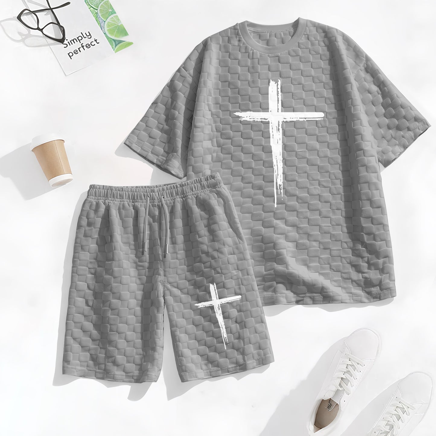 Men's Spring and Summer Cross Print Checkered Fabric Drawstring Shorts Set, Casual Summer Outfit with Short-Sleeved Shirt and Shorts, Ideal for Everyday Wear and Sports Activities