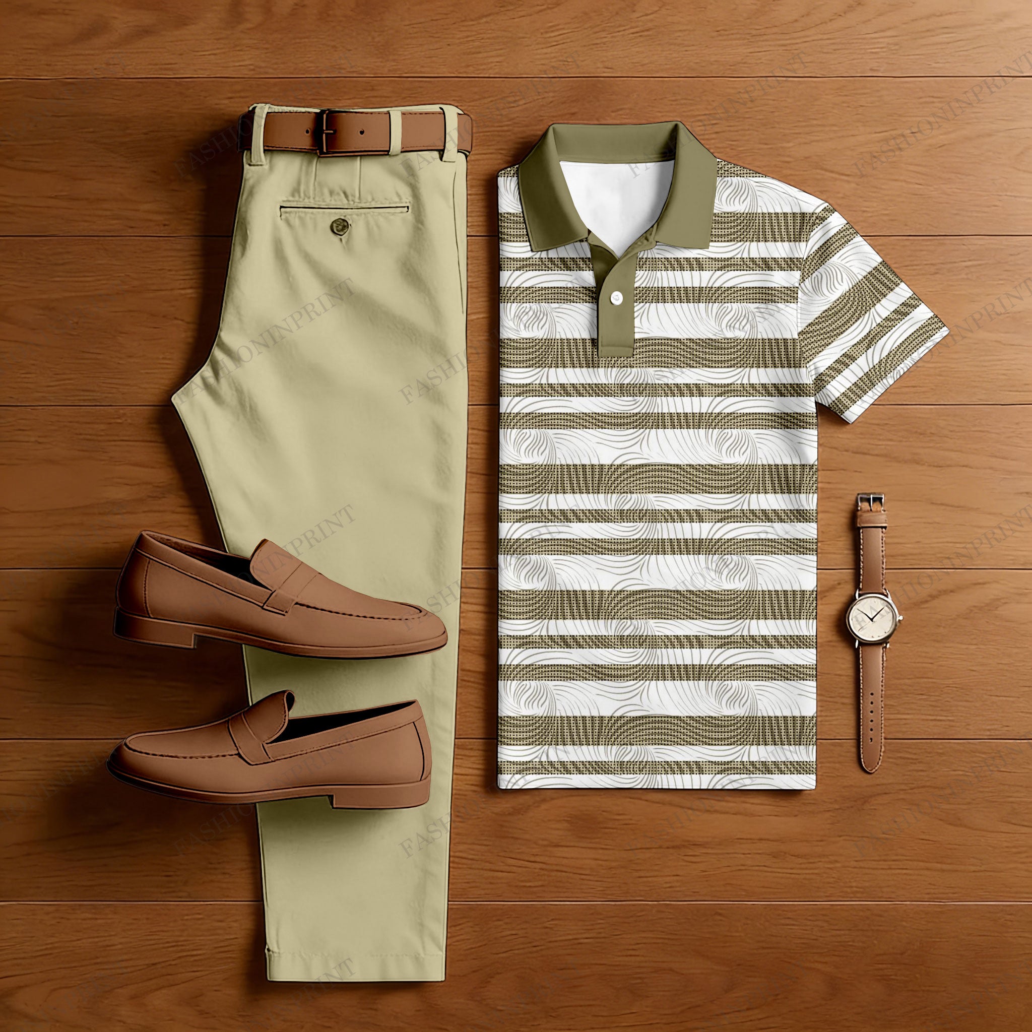 Men's Casual Khaki & White Color Matching Striped Printed Short Sleeved Polo Shirt & Trousers Two-Piece Set