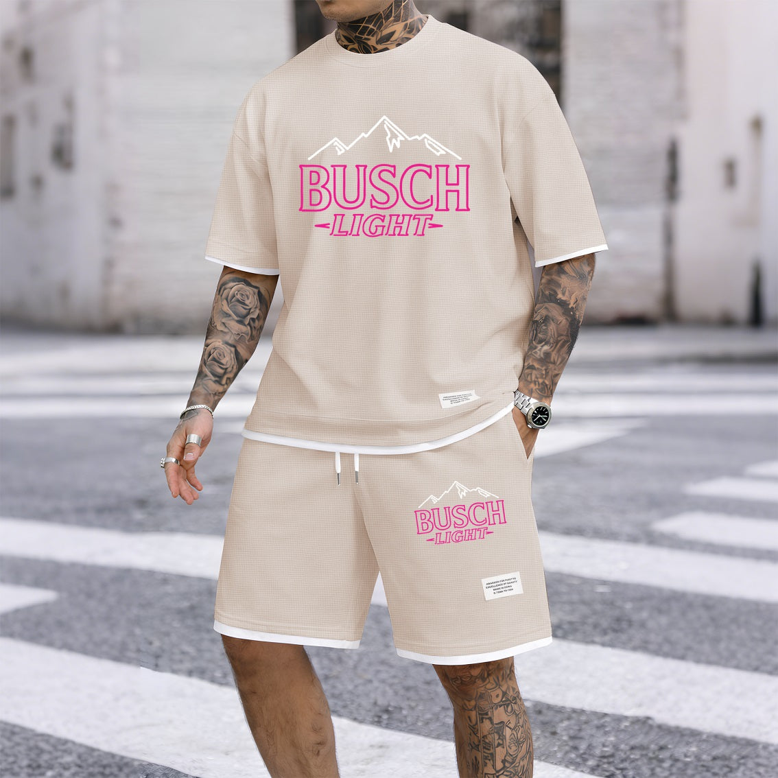 Men's Light-Flavored Beer Print Waffle Fabric Short-Sleeved Shirt And Shorts Set