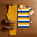Men's Casual Yellow & Royal Blue & White Color Matching Striped Printed Short Sleeved Polo Shirt & Trousers Two-Piece Set 201680