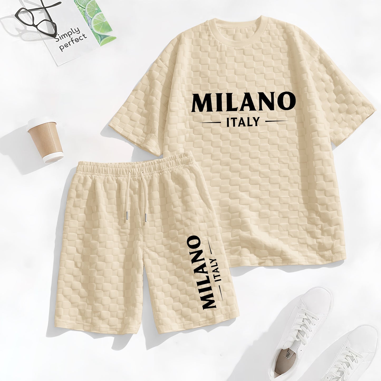 Men's Spring and Summer Milan Letter Print Checkered Fabric Drawstring Shorts Set, Casual Summer Outfit with Short-Sleeved Shirt and Shorts, Ideal for Everyday Wear and Sports Activities.