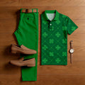 Men's Casual Green Color Matching St. Patrick's Day Checkered Printed Short Sleeved Polo Shirt & Trousers Two-Piece Set