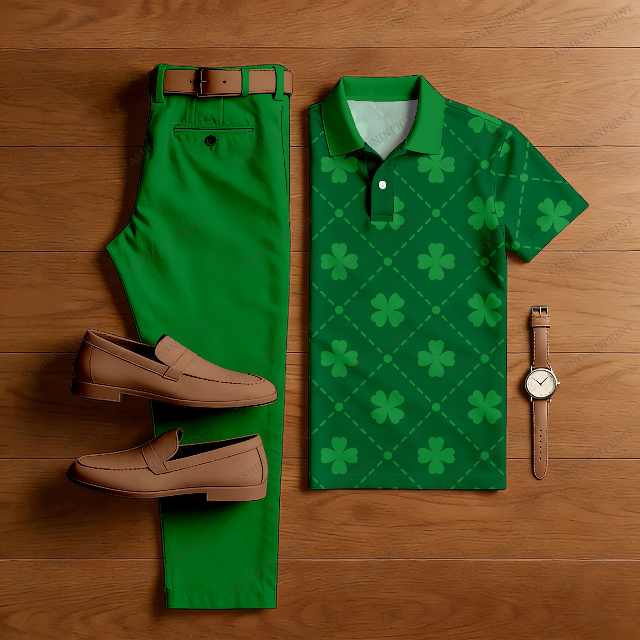Men's Casual Green Color Matching St. Patrick's Day Checkered Printed Short Sleeved Polo Shirt & Trousers Two-Piece Set
