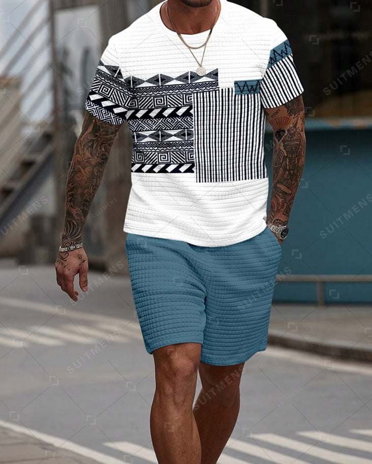 Men's Casual Waffle Textured Summer Round Neck Short Sleeve Shorts Set 002