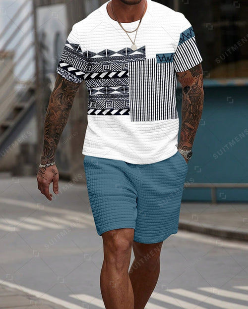Men's Casual Waffle Textured Summer Round Neck Short Sleeve Shorts Set 002