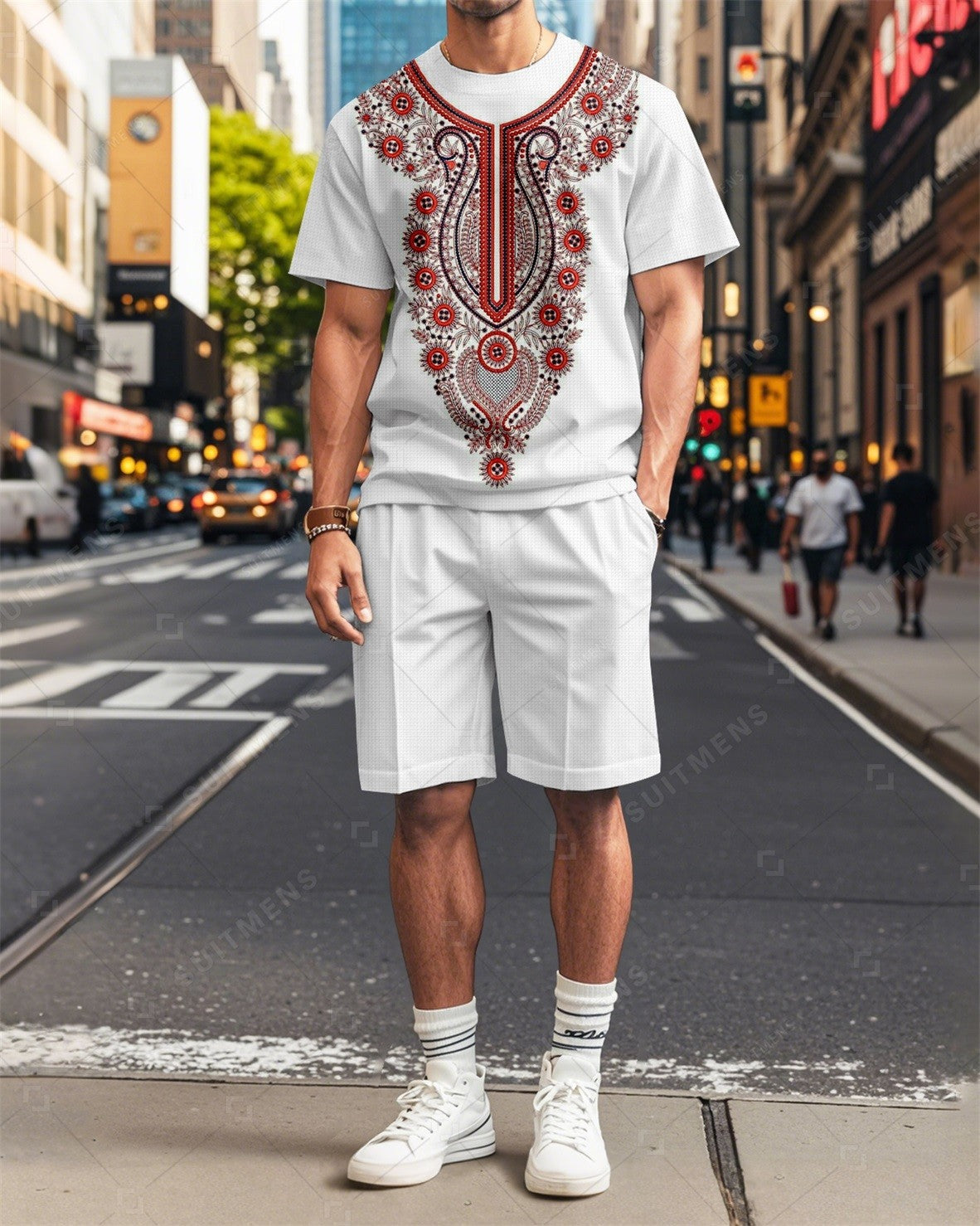 Men's Vintage Geometric Flowers Printed Summer Round Neck Set 2005