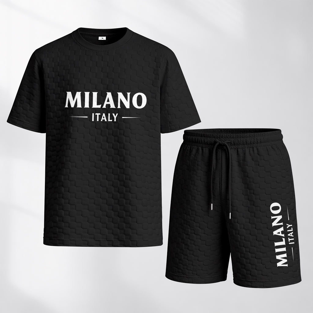 Men's Spring and Summer Milan Letter Print Checkered Fabric Drawstring Shorts Set, Casual Summer Outfit with Short-Sleeved Shirt and Shorts, Ideal for Everyday Wear and Sports Activities.