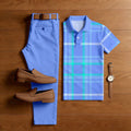 Men's Casual Purple & Lake Green Color Matching Checkered Printed Short Sleeved Polo Shirt & Trousers Two-Piece Set