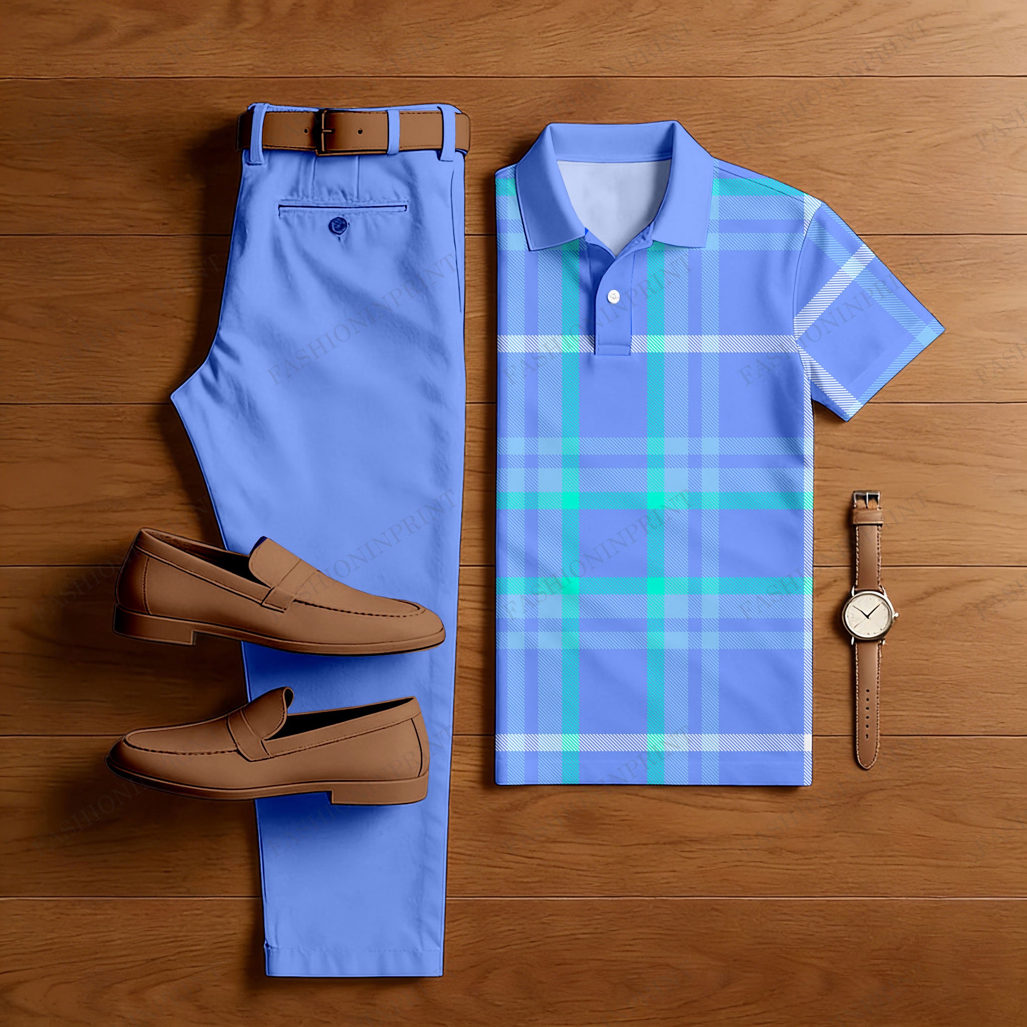 Men's Casual Purple & Lake Green Color Matching Checkered Printed Short Sleeved Polo Shirt & Trousers Two-Piece Set