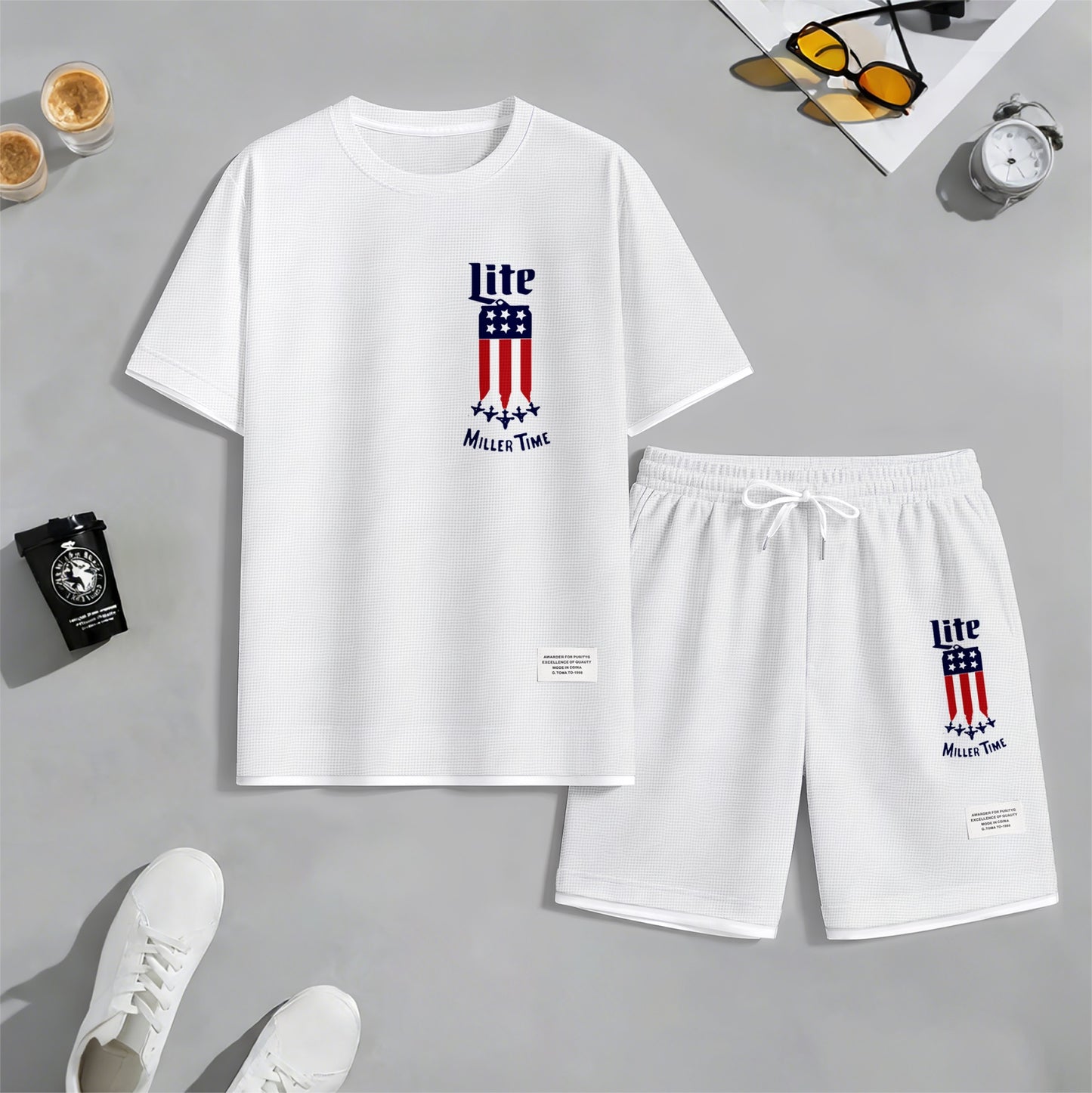 Men's Beer And Beverage Printed Drawstring Shorts Set, Suitable For Spring And Summer Wear, Casual Summer Set, Including Short-Sleeved Shirt And Shorts, Suitable For Everyday Wear And Sports 012