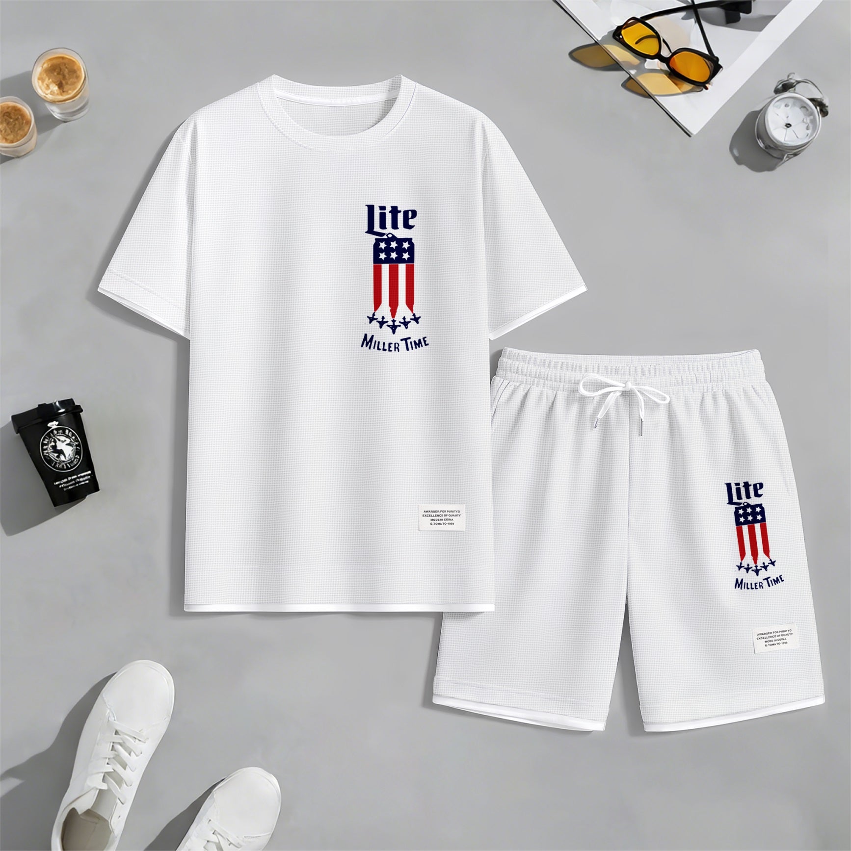 Men's Beer And Beverage Printed Drawstring Shorts Set, Suitable For Spring And Summer Wear, Casual Summer Set, Including Short-Sleeved Shirt And Shorts, Suitable For Everyday Wear And Sports 012