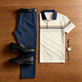 Men's Casual Off-White Checkered Printed Polo Shirt And Pants Two-Piece Set