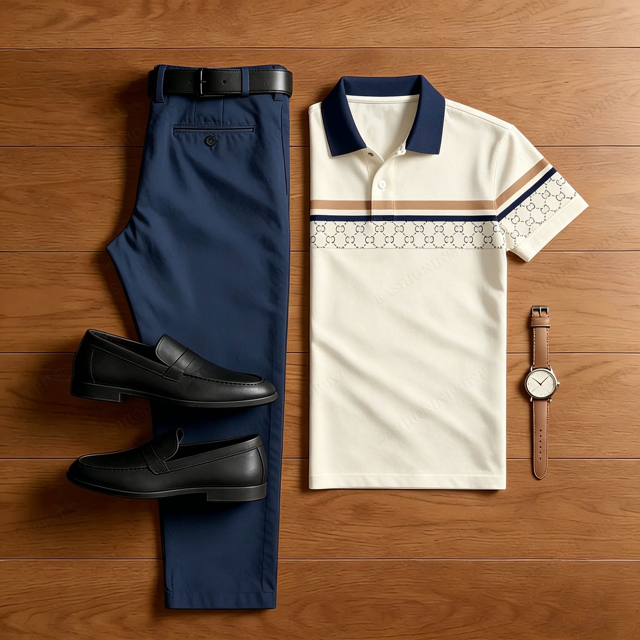 Men's Casual Off-White Checkered Printed Polo Shirt And Pants Two-Piece Set