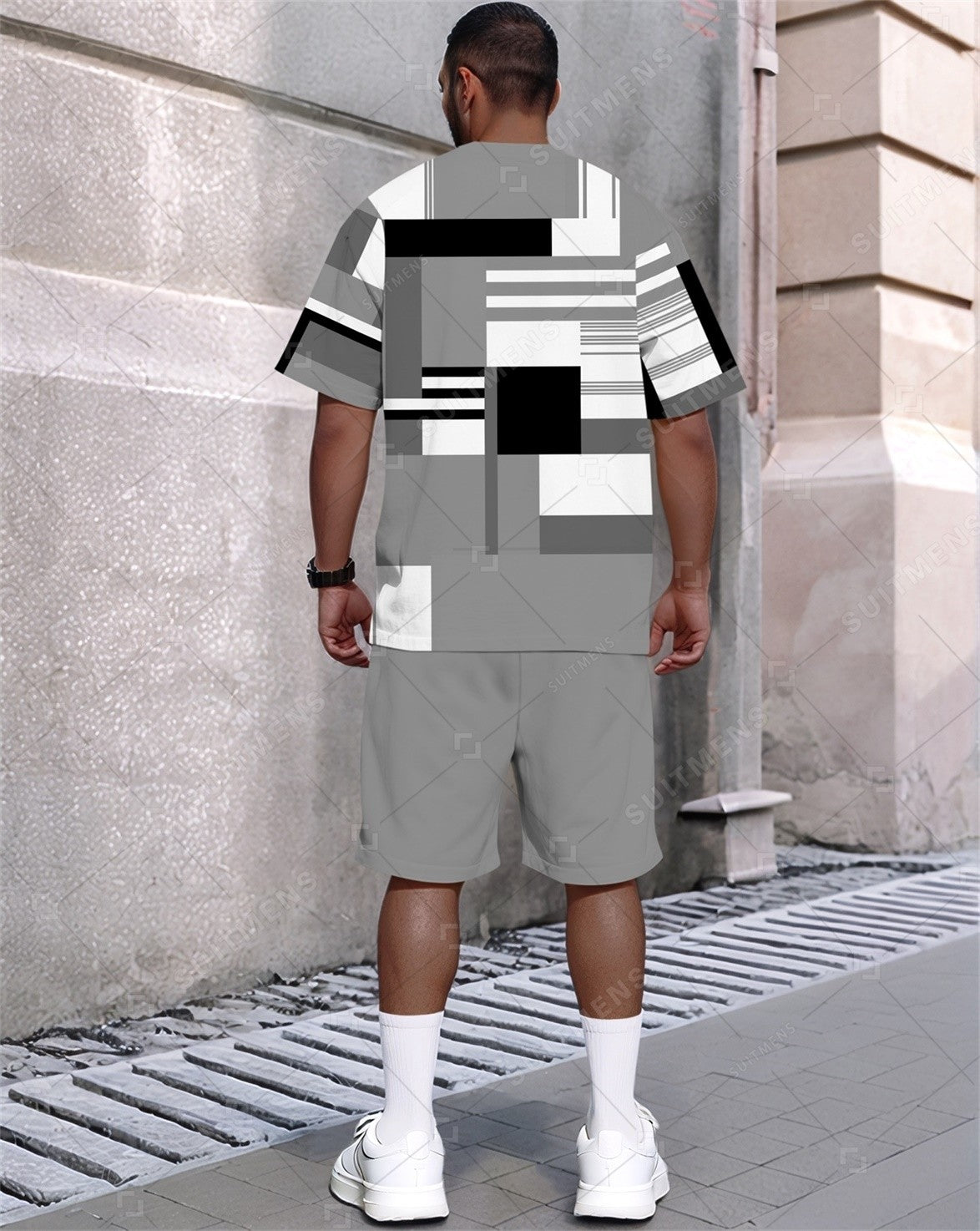 Men's Summer Color Matching Print Round Neck Set 309