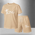 Men’s Summer 2 Piece Set, KING Crown Print Short Sleeve T Shirt and Drawstring Shorts Matching Outfit, Lightweight Breathable Casual Set for Beach, Vacation, Gym, Travel, Running, and Daily Wear
