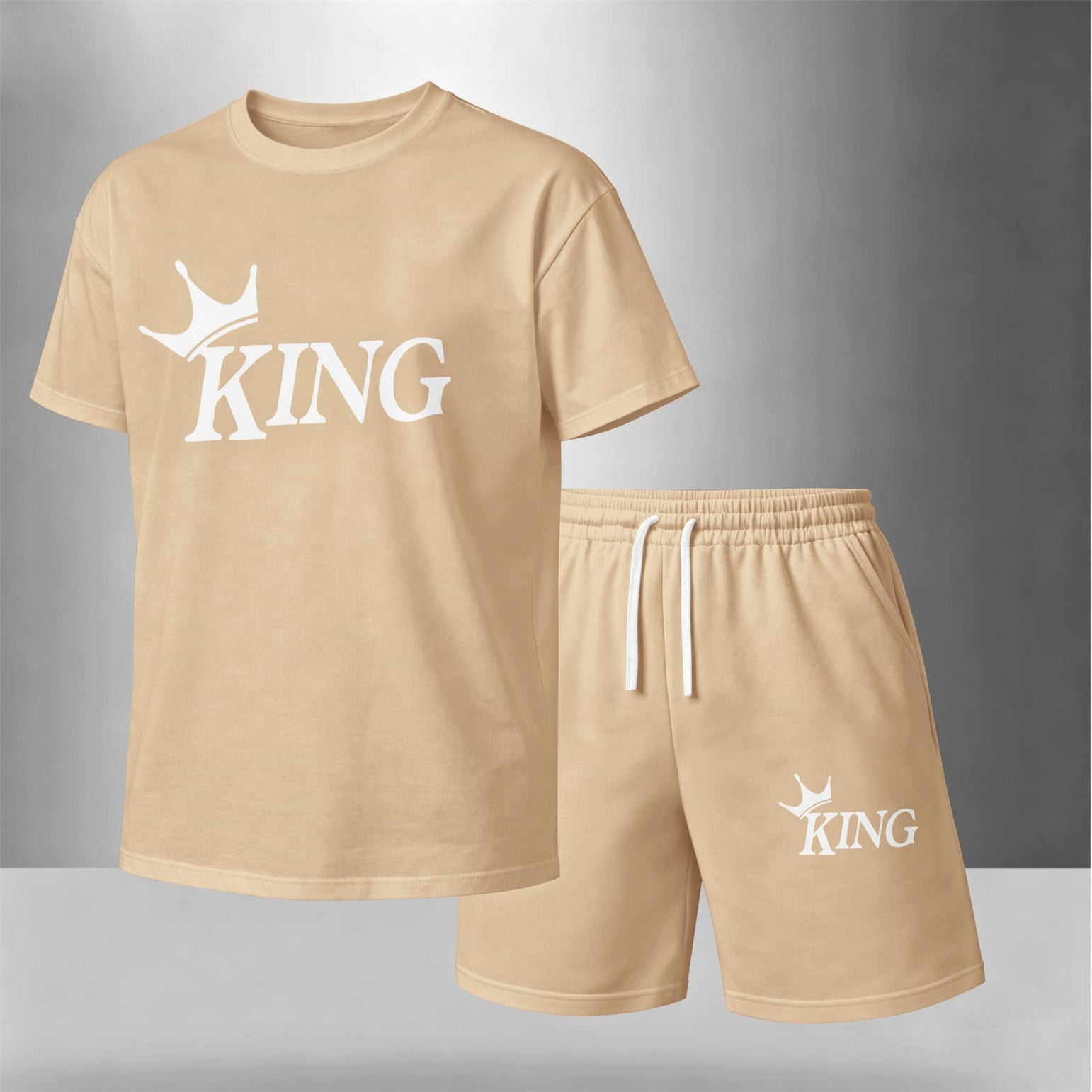 Men’s Summer 2 Piece Set, KING Crown Print Short Sleeve T Shirt and Drawstring Shorts Matching Outfit, Lightweight Breathable Casual Set for Beach, Vacation, Gym, Travel, Running, and Daily Wear