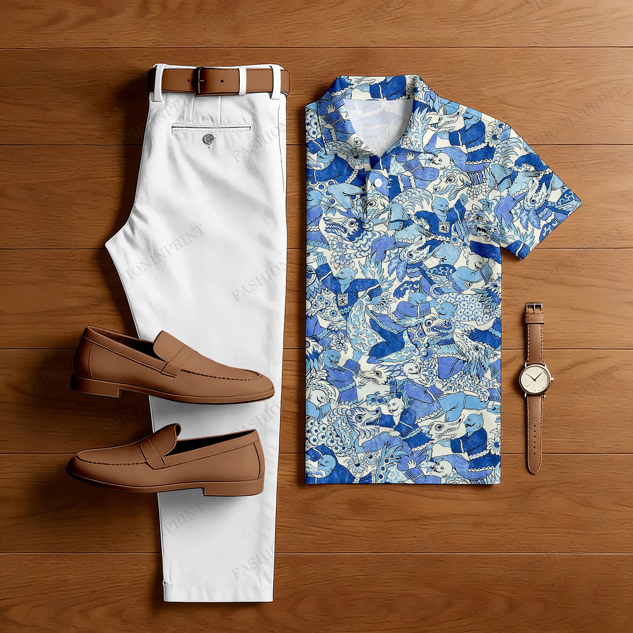 Men's Casual Blue Figure Printed Polo Shirt And Trousers Two-Piece Set