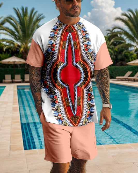 Men's casual color block printed shorts Set 511