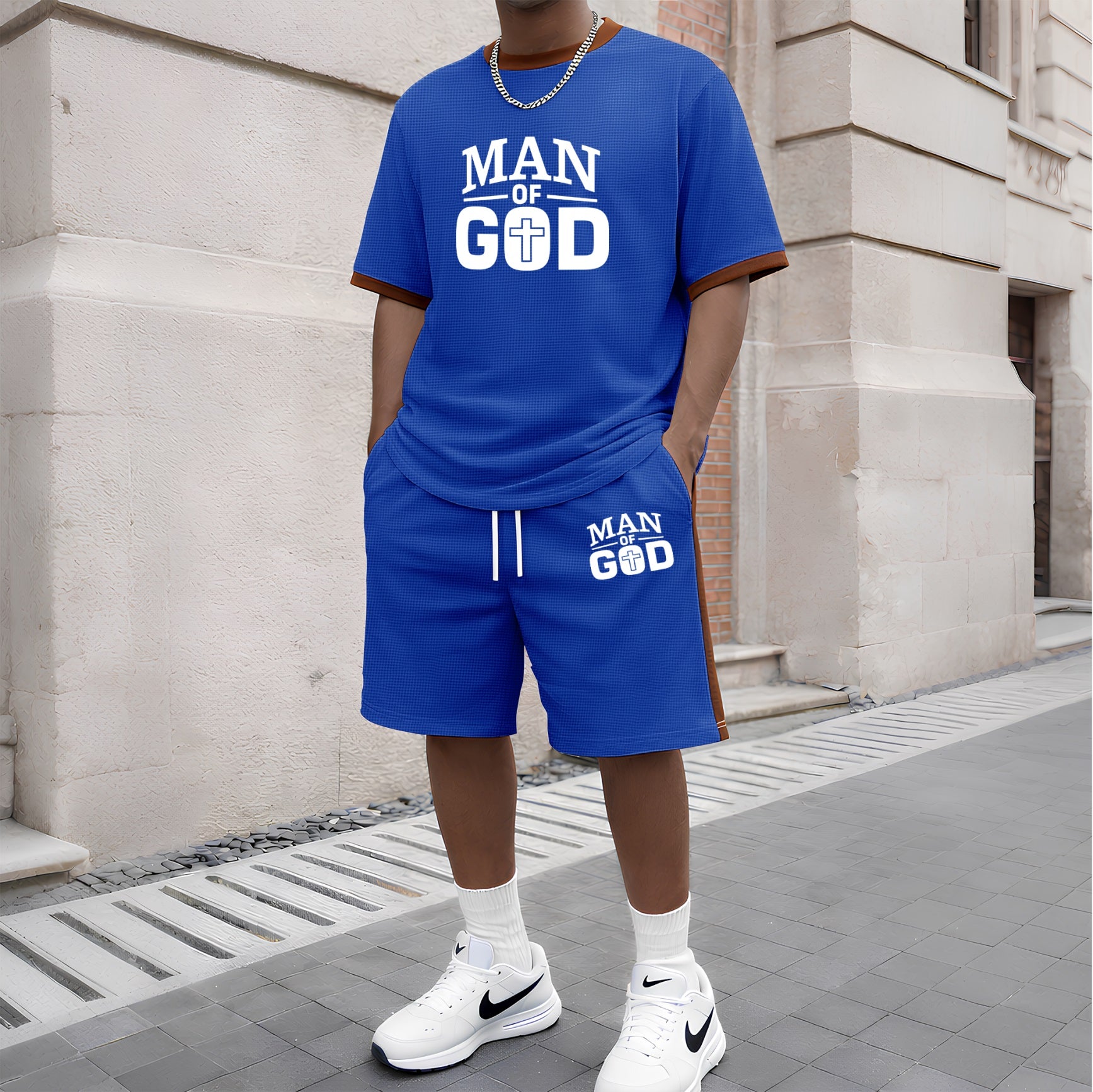 Men's God Graphic Short-Sleeved T-Shirt And Drawstring Shorts Set, Men's Clothing, Casual Sports Short-Sleeved Top And Shorts, Men's Summer Everyday Wear, Indoor And Outdoor Sportswear, Sports Set