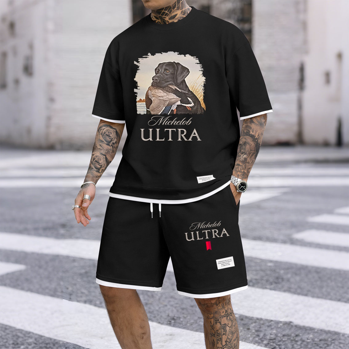 Men's Outdoor Hunting Black Dog Print Waffle Fabric Short-Sleeved Shirt And Shorts Set