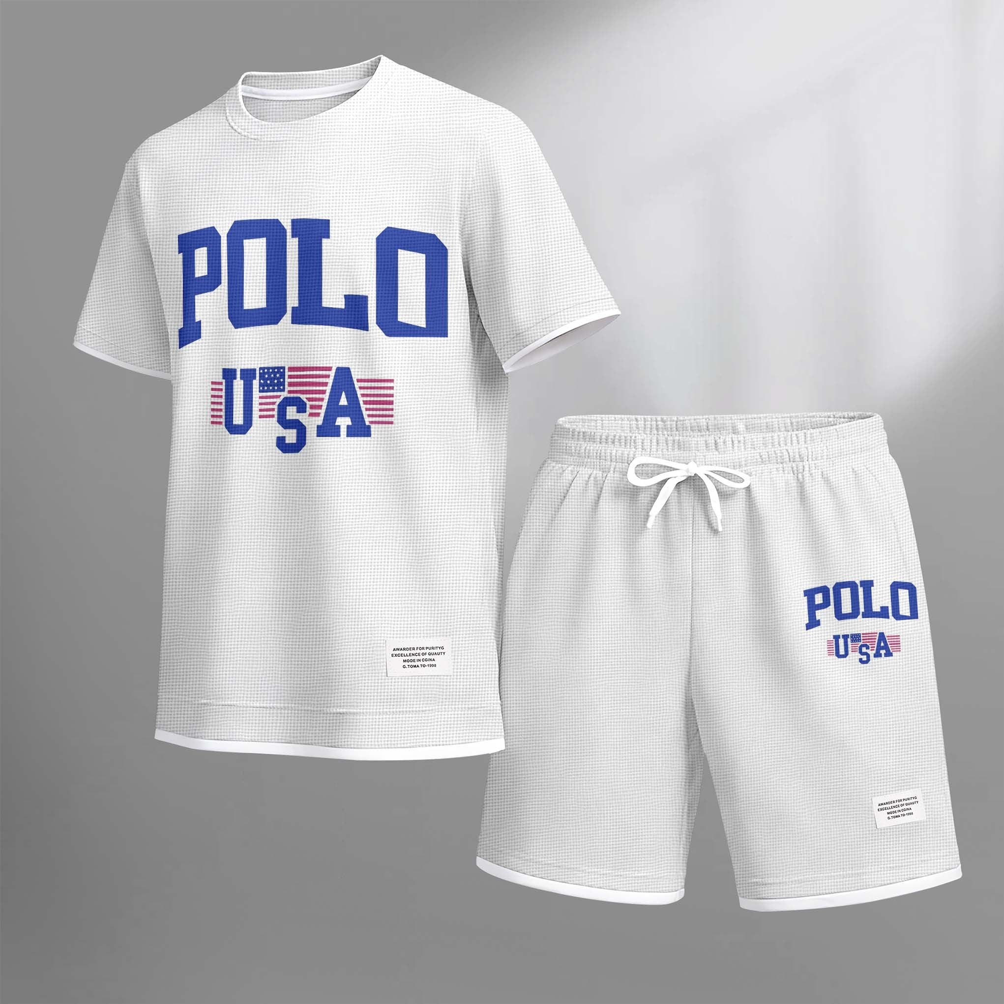 Men's USA Polo Print Drawstring Shorts Set For Spring/Summer. A Casual Summer Outfit, Including A Short-Sleeved Shirt And Shorts, Suitable For Everyday Wear And Sports. A Two-Piece Set For A Relaxed And Energetic Lifestyle.