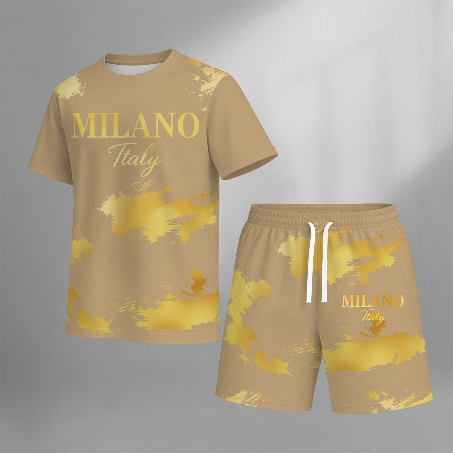 Men’s MILANO Graphic T Shirt and Shorts Set, Italy Inspired 2 Piece Matching Outfit with Short Sleeve Tee and Elastic Waist Drawstring Shorts, Soft Breathable Summer Set for Holiday, Street Style, Travel, and Everyday Wear