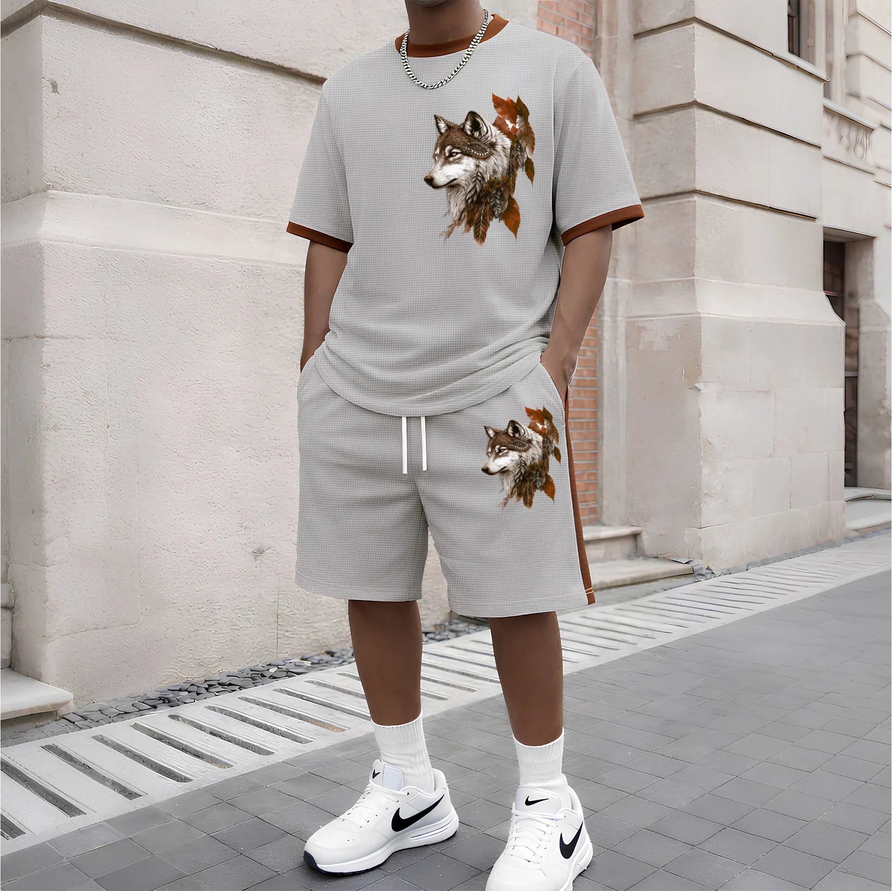 Men's Wolf King Pattern Short-Sleeve T-Shirt and Drawstring Shorts Set, Men's Clothing, Casual Sportswear Short-Sleeve Top and Shorts, Summer Men's Everyday Wear, Indoor and Outdoor Sportswear, Sports Set