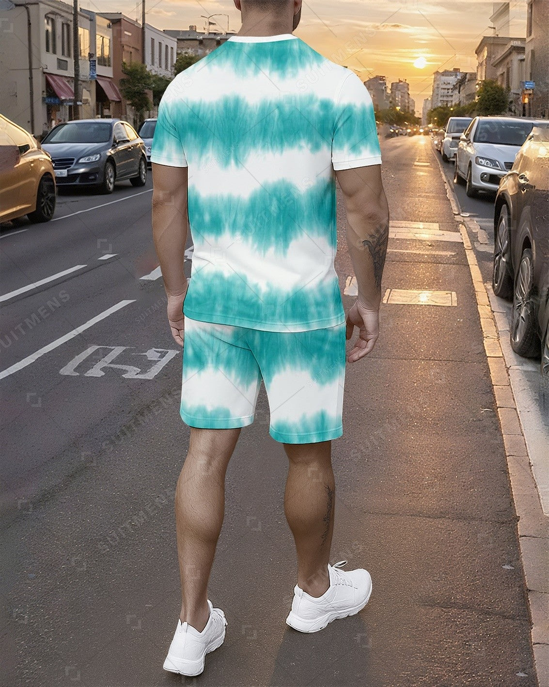 Men's Summer Colorblock Printed Round Neck Set 760