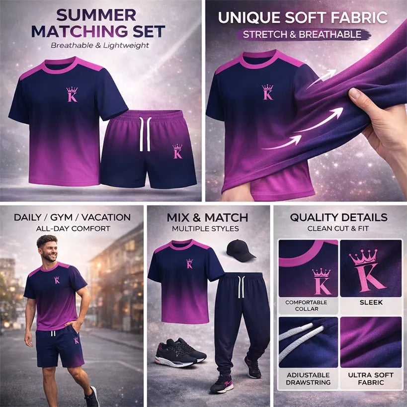 Men’s Gradient 2 Piece Shorts Set, Short Sleeve Crew Neck T Shirt and Drawstring Shorts Matching Outfit, Lightweight Breathable Casual Summer Set for Streetwear, Vacation, Travel, Gym, Outdoor Activities, and Daily Wear