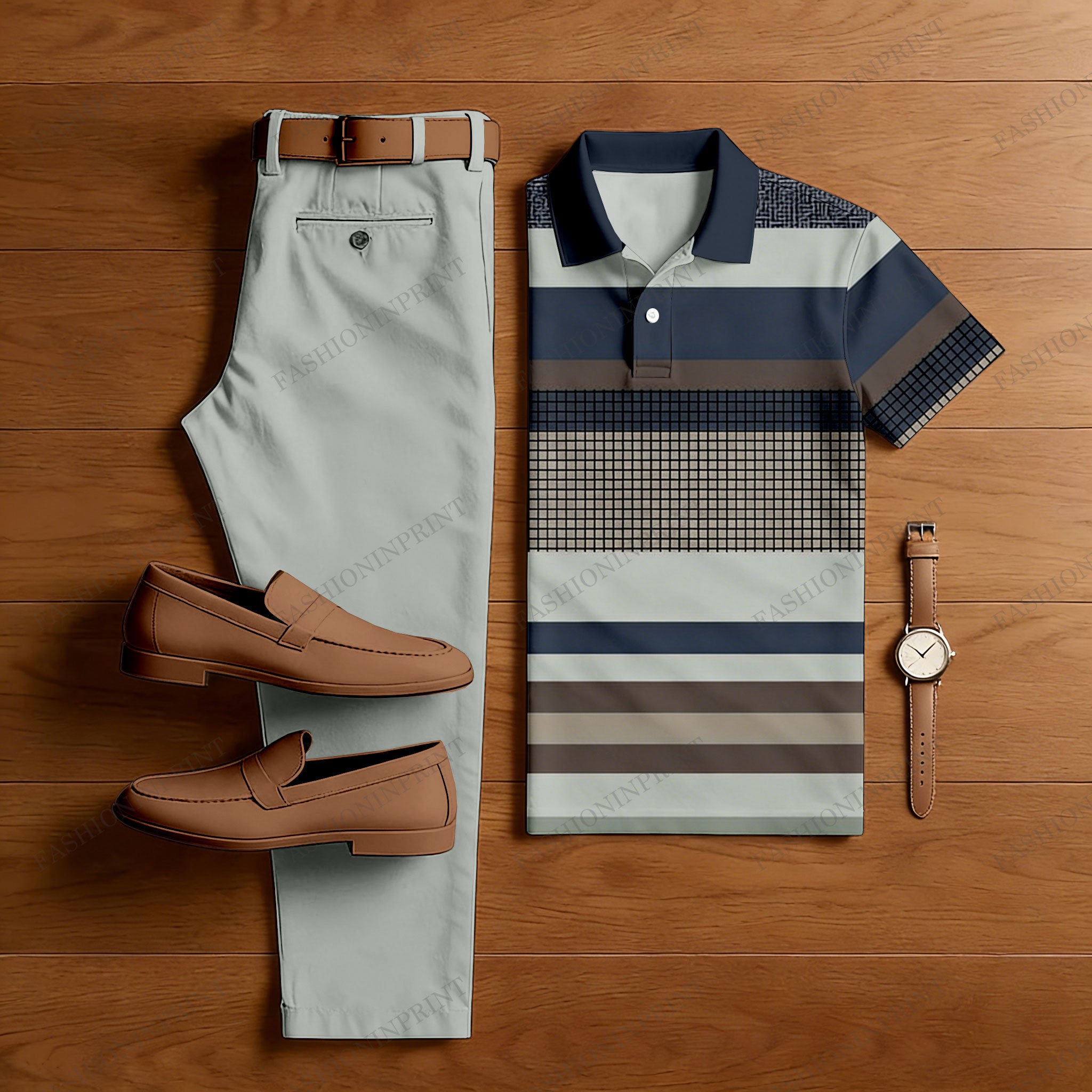 Men's Casual Gray & Navy Color Matching Striped Printed Short Sleeved Polo Shirt & Trousers Two-Piece Set