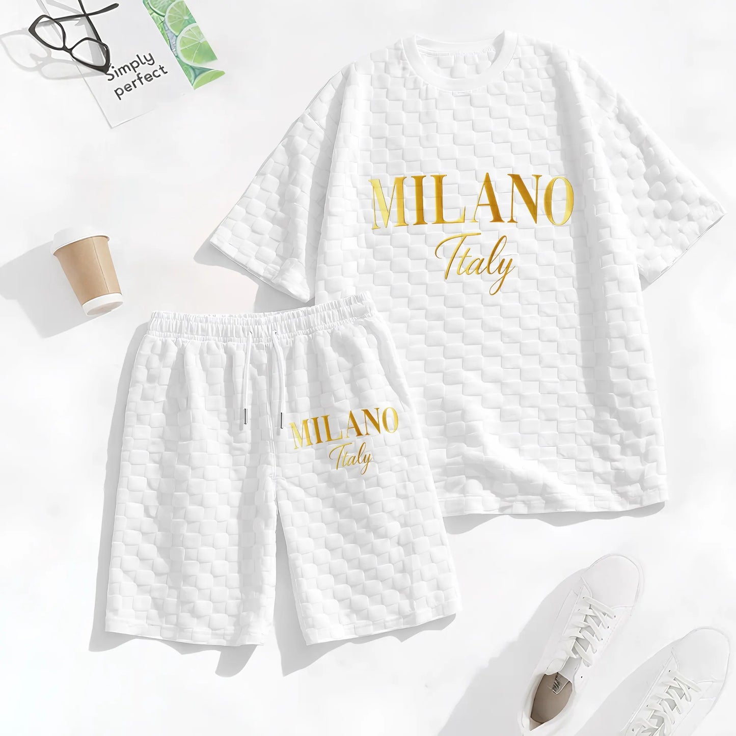 Men's Spring and Summer 'MILANO Italy' Letter Print Checkered Fabric Drawstring Shorts Set, Casual Summer Outfit with Short-Sleeved Shirt and Shorts, Ideal for Everyday Wear and Sports Activities