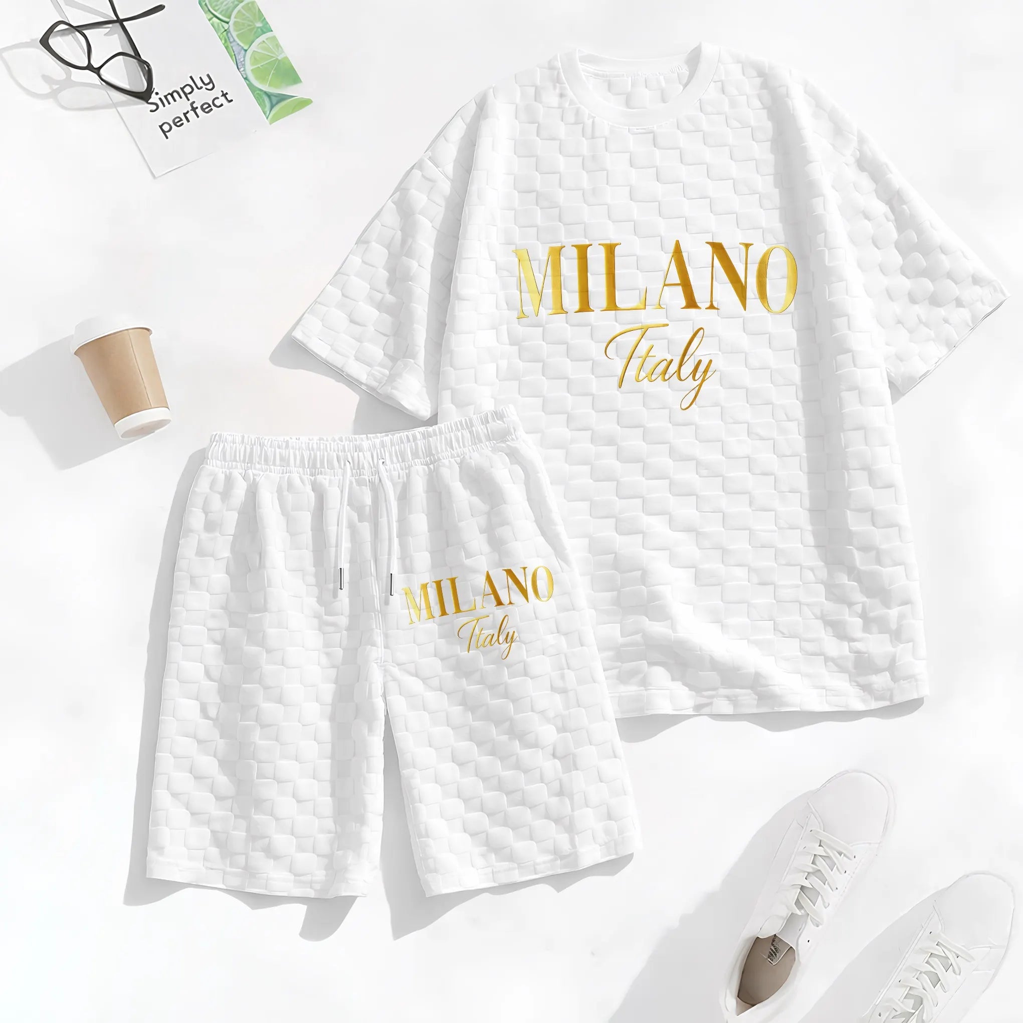 Men's Spring and Summer 'MILANO Italy' Letter Print Checkered Fabric Drawstring Shorts Set, Casual Summer Outfit with Short-Sleeved Shirt and Shorts, Ideal for Everyday Wear and Sports Activities
