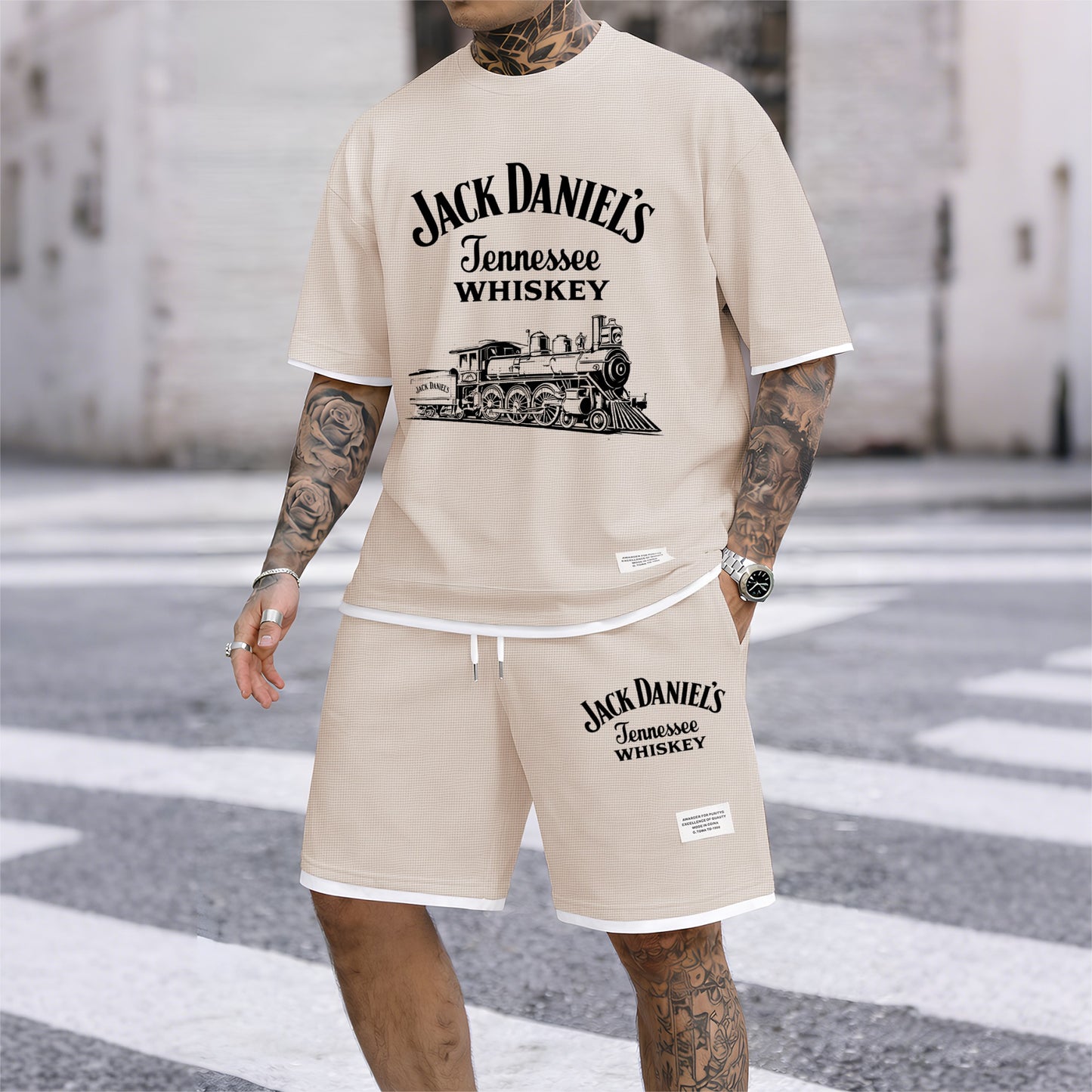 Men's Beer Print Drawstring Shorts Set, Suitable For Spring And Summer Wear, Casual Summer Set, Including Short-Sleeved Shirt And Shorts, Suitable For Everyday Wear And Sports.