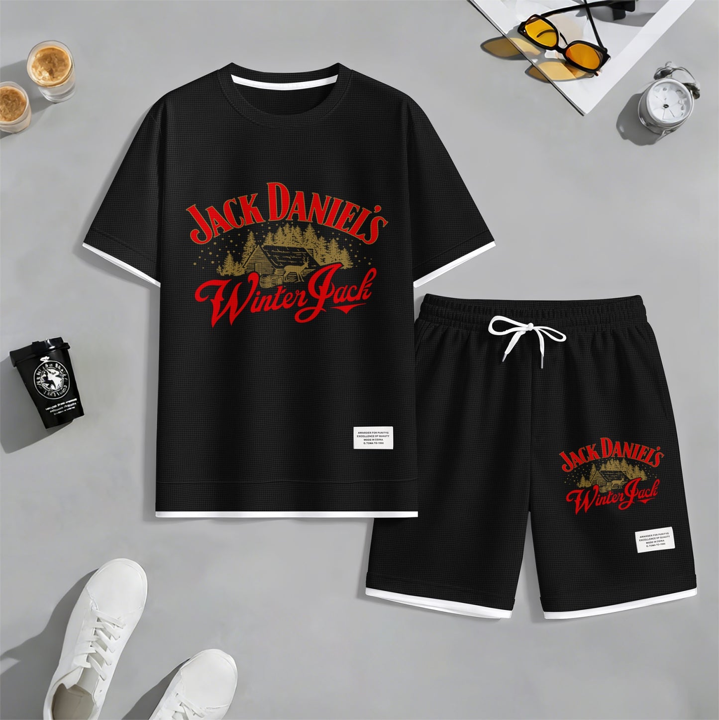 Men's Beer And Beverage Printed Drawstring Shorts Set, Suitable For Spring And Summer Wear, Casual Summer Set, Including Short-Sleeved Shirt And Shorts, Suitable For Everyday Wear And Sports 08