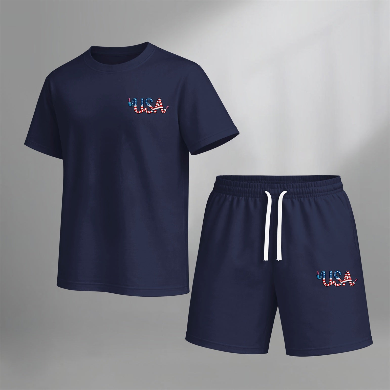 Men’s Summer 2 Piece Set, USA Letter Print Short Sleeve T Shirt and Drawstring Shorts Matching Outfit, Lightweight Breathable Casual Set for Beach, Vacation, Gym, Travel, Running, and Daily Wear