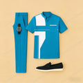 Men's Casual Dark Blue Geometric Printed Short-Sleeve T-Shirt And Pants Two-Piece Set